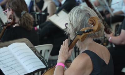 A musician playing at "a Night at the Proms 2022" in Bordon's town park.