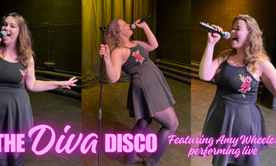 Three photos of singer Amy Wheeler singing