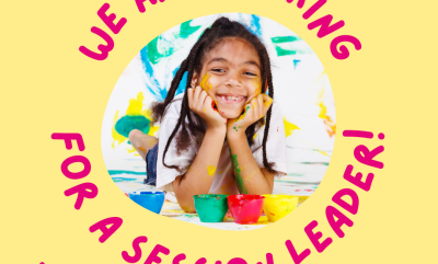 Image of a child with text saying "We are looking for a session leader"