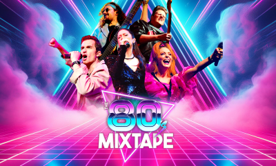 An 80s band against a pink and blue backdrop