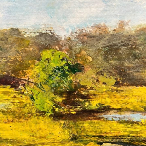 A painting of a tree in a field